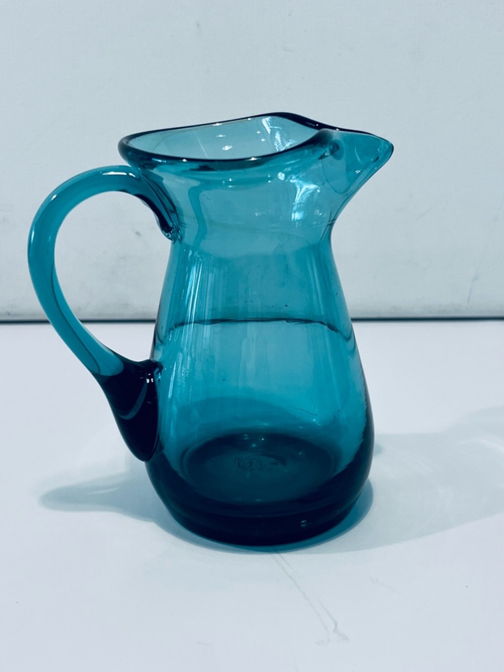 Vintage 1950’s Hand Blown Teal Glass Small Pitcher Italy 4.75” Tall